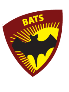 BATS Sports Club Logo. Maroon baground with a black bat over a yellow sun.
