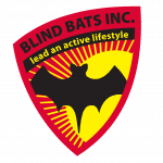 Blind Bats Inc. Logo. Red Background 'lead an active lifestyle' black bat over yellow sun.