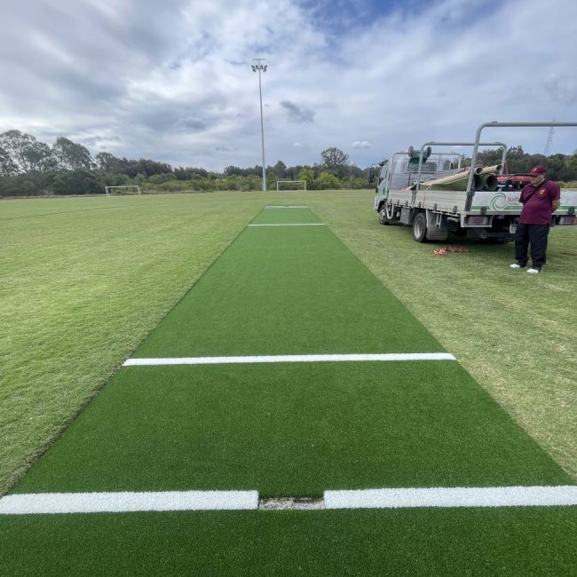 A photo of the new cricket pitch with dark grreen synthetic surface and bright white inlay lines.